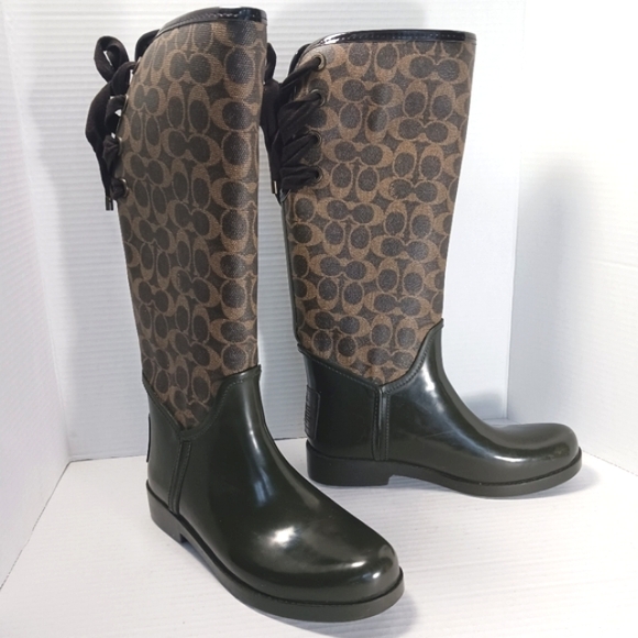 COACH Tristee Back Lace-Up Khaki & Chestnut Logo Lined Rubber Boots EUC Sz 8 - Picture 1 of 16